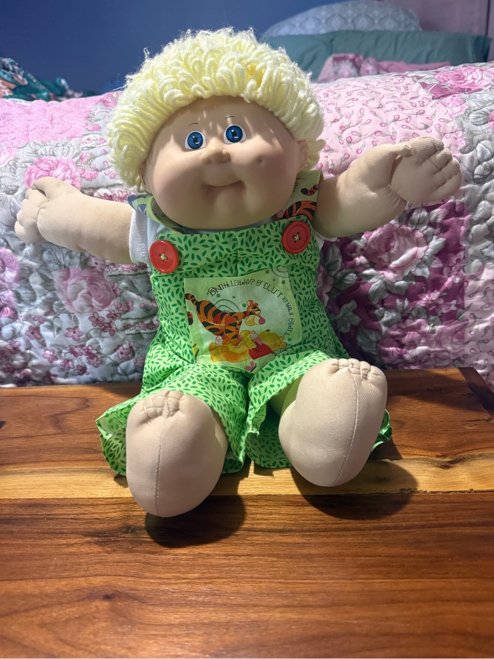 Cabbage Patch doll with Pooh/Tigger romper.  Cleaned, no visible stains or rips